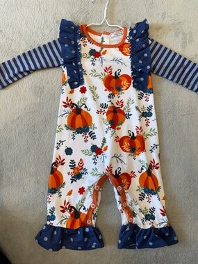 Pumpkin Floral Ruffle Baby Romper - Navy & Orange